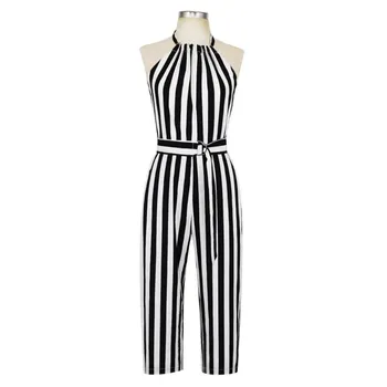 

2019 Women Casual Striped Sashes High Waist Jumpsuit Summer Backless Halter Plus Size Rompers