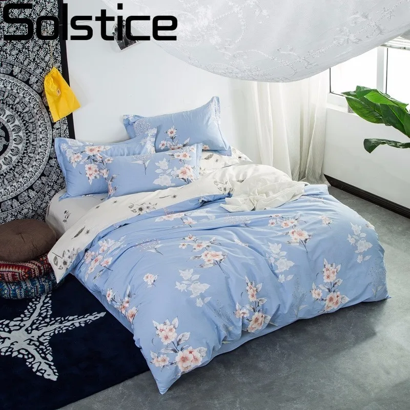 

Solstice Textile Cotton Simple Light Blue Flowers Style 4pcs Bedding Sets Duvet Cover Sets Pillowcase Bedclothes Queen King 30