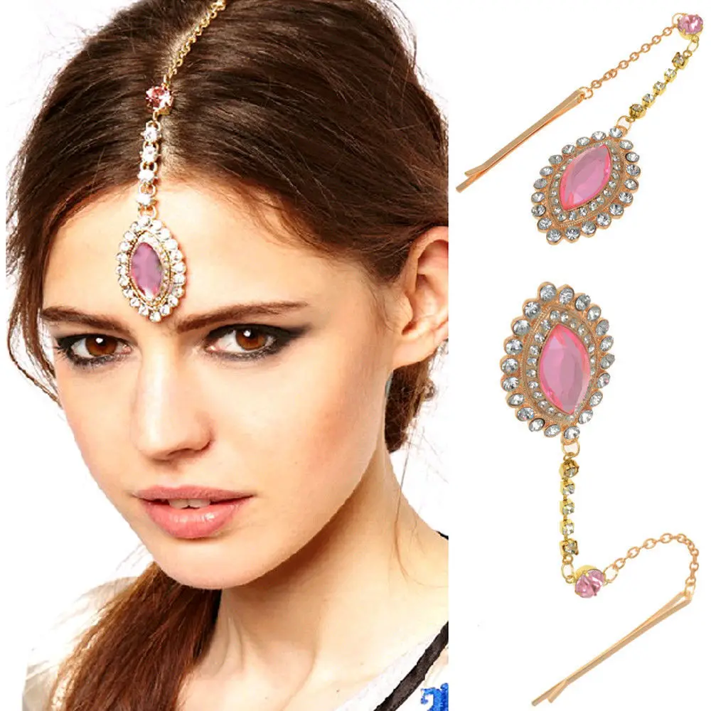 Lady Party Wedding Flower Crystal Bindi Hair Tikka Clip Indian Head
