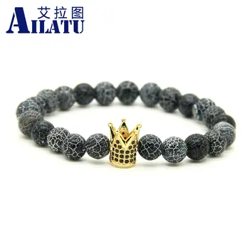 

Ailatu 10pcs/lot High Grade Jewelry 8mm Shiny Weathering Onyx Stone Beads with Micro Inlay Black CZ Beads Crown Mens Bracelets