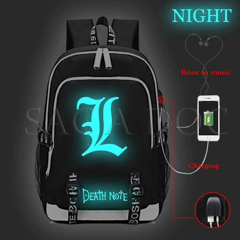 

Mochila Anime Back Pack Death Note L Glowing Backpack Women USB Charge Laptop Backpack Men Casual Travel Bagpack School Bags