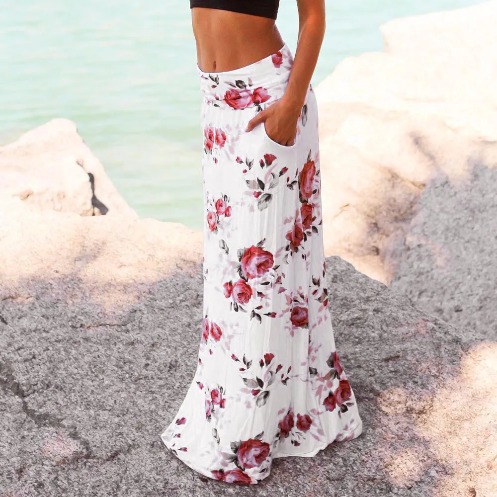 Повседневная богемная юбка с цветочным принтом, винтажная женская летняя пляжная юбка с цветочным принтом, s юбка с низкой талией, элегантная длинная юбка, Пляжная Макси Z326