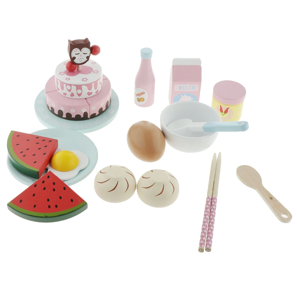 

Wooden Breakfast Play Kitchen Food Set with Cake, Milk, Watermelon and More