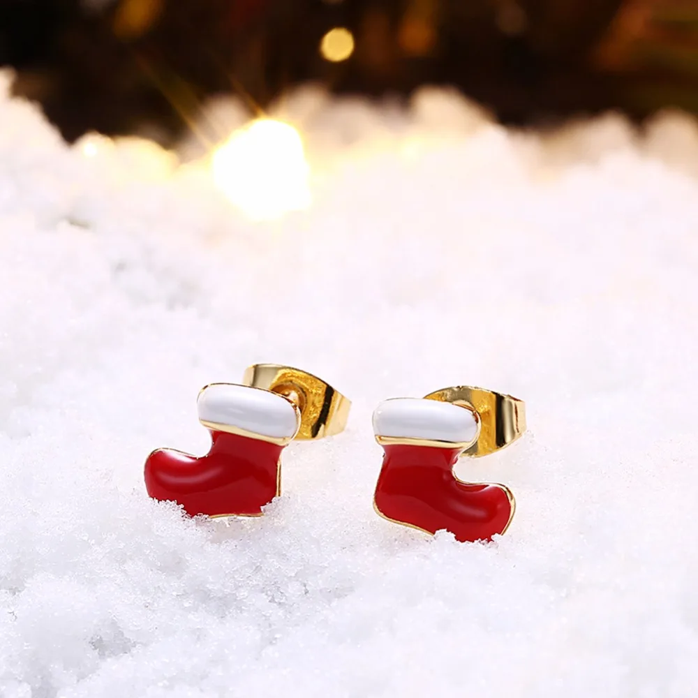 CHUKUI Christmas Red Socks Boots Earrings Gold Color Enamel Stud Earrings For Girl Kids Fashion New Year Gifts Jewelry (6)