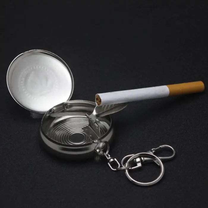 Round Pocket Portable Cigarette Ashtray with Lid Keychain by Stainless Steel DTT88