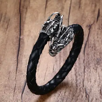 

Men's Stainless Steel Dragons Head Elastic Braided Leather Open Bracelet Cuff Wristband Men Punk Bike Vintage Male Jewelry