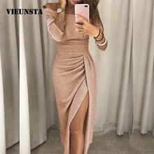 VIEUNSTA, Сексуальные вечерние платья с открытыми плечами, женское облегающее платье с высоким разрезом и баской, Осеннее блестящее платье с рукавом три четверти