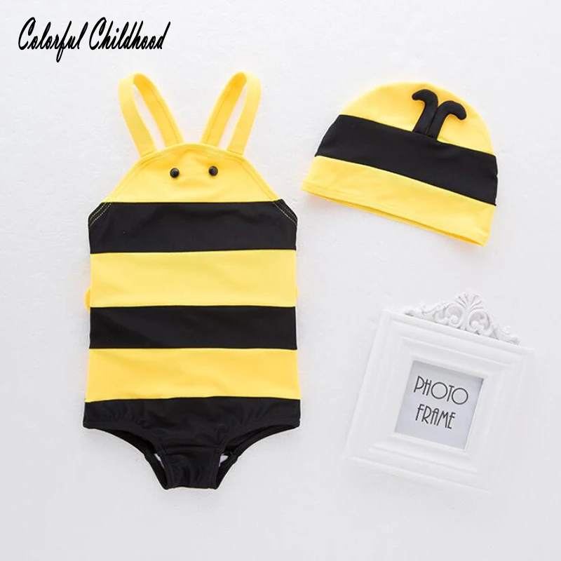 Colorful Chilhood Baby Boy Swimsuit Two piece Hat + Cartoon Stripe Bee