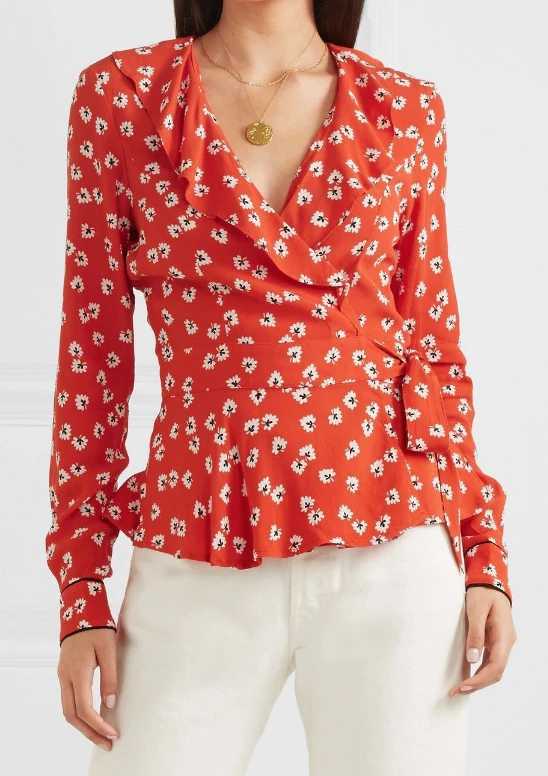 100% Silk Floral Print Womens Blouses V Neck Shirt Long Sleeve Red Bow Tops
