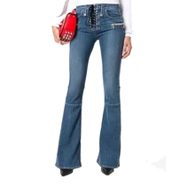 Винтажные расклешенные джинсы с высокой талией джинсовые брюки-клеш с повязкой длинные женские джинсы для подтяжки бедер эластичные джинсы со шнуровкой Femme