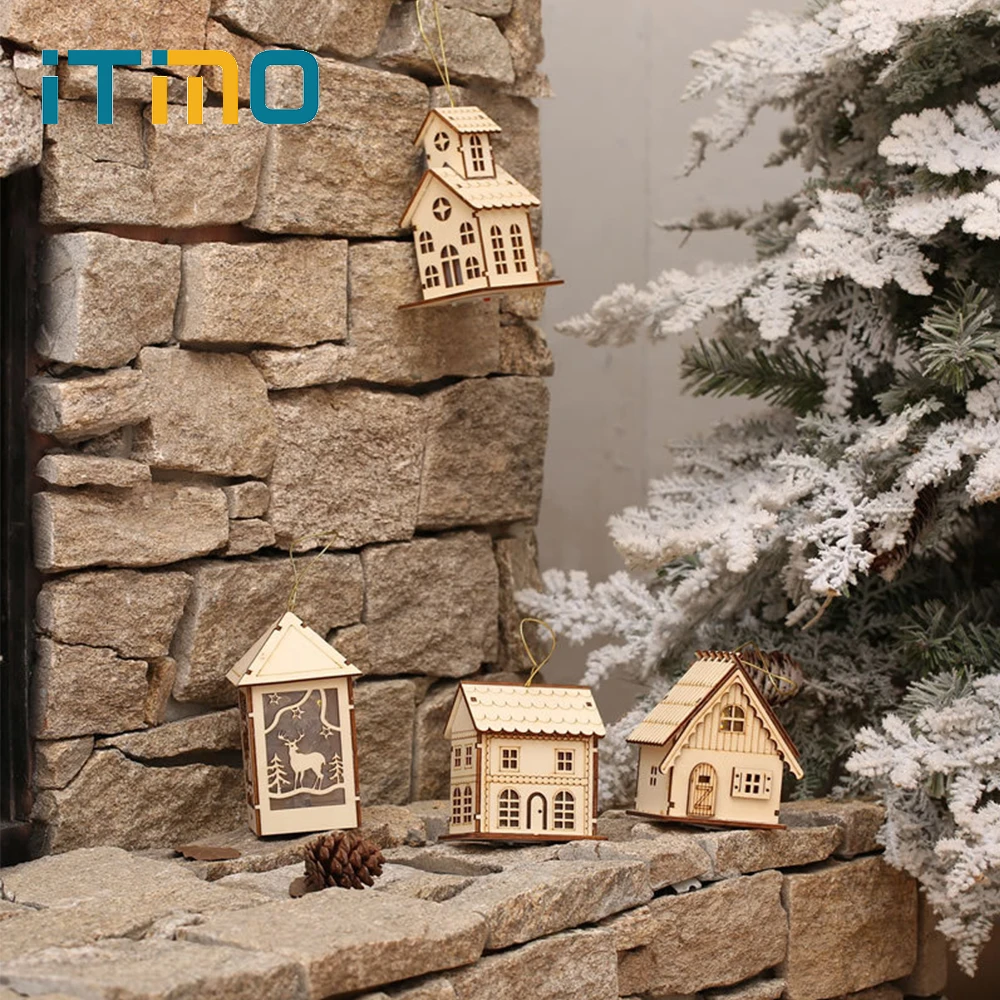

ITimo Holiday Party Decoration Xmas Tree Pendants Small Wooden House Table Lamp LED Light Christmas Tree Hanging Ornaments
