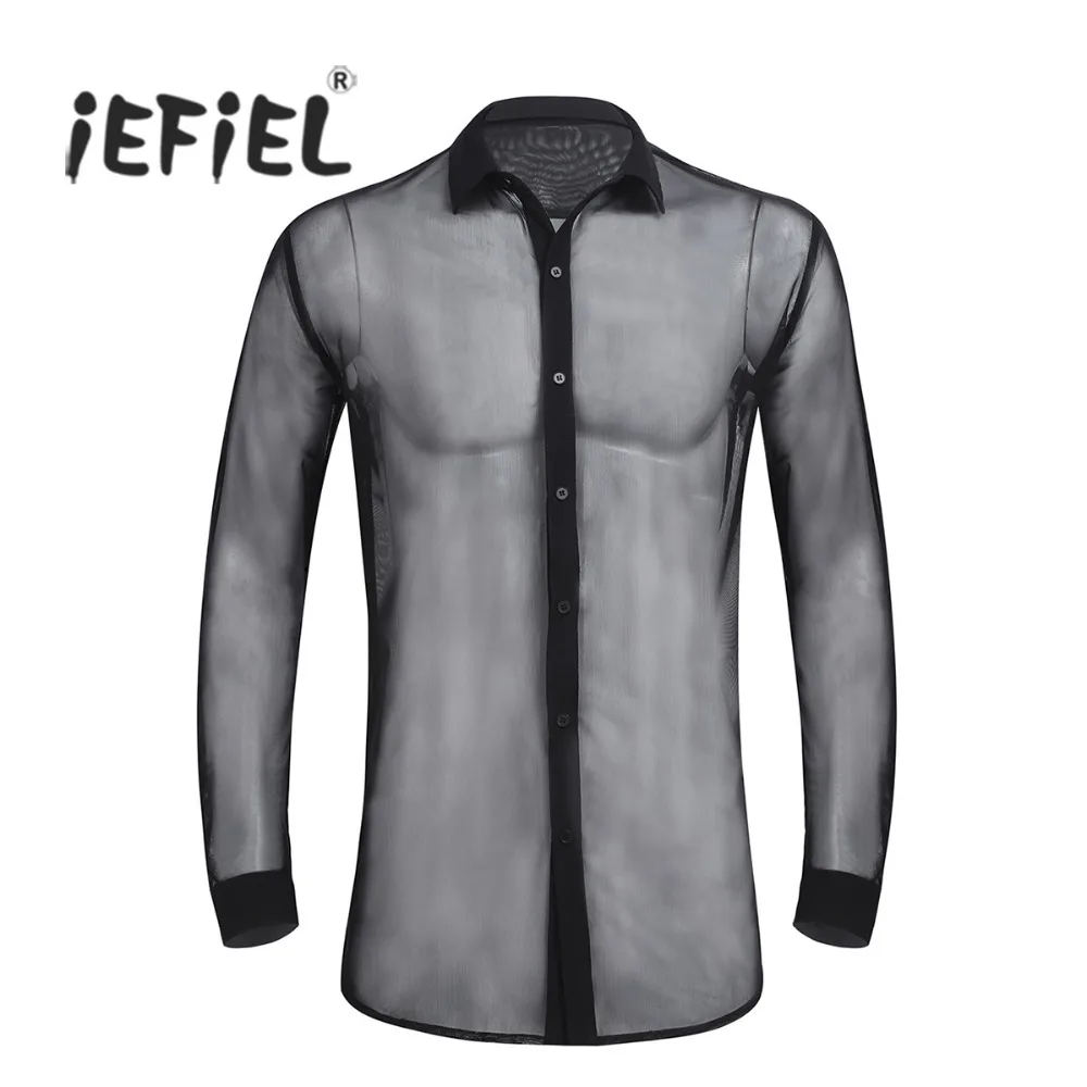 

iEFiEL Sexy Mens See Through Mesh Long Sleeve Clubwear Top Slip Hommes Shirt Wetlook Evening Party Clothing for Mens Shirts