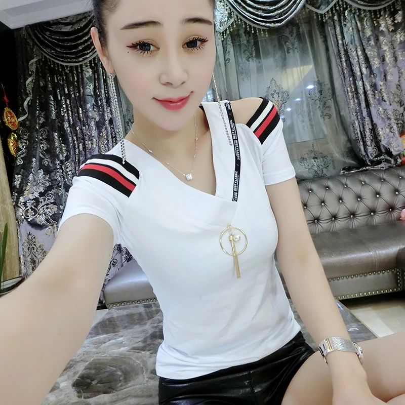 

Summer Women T Shirt V-neck Short Sleeve Off Shoulder Sexy Crop Tops Tshirt