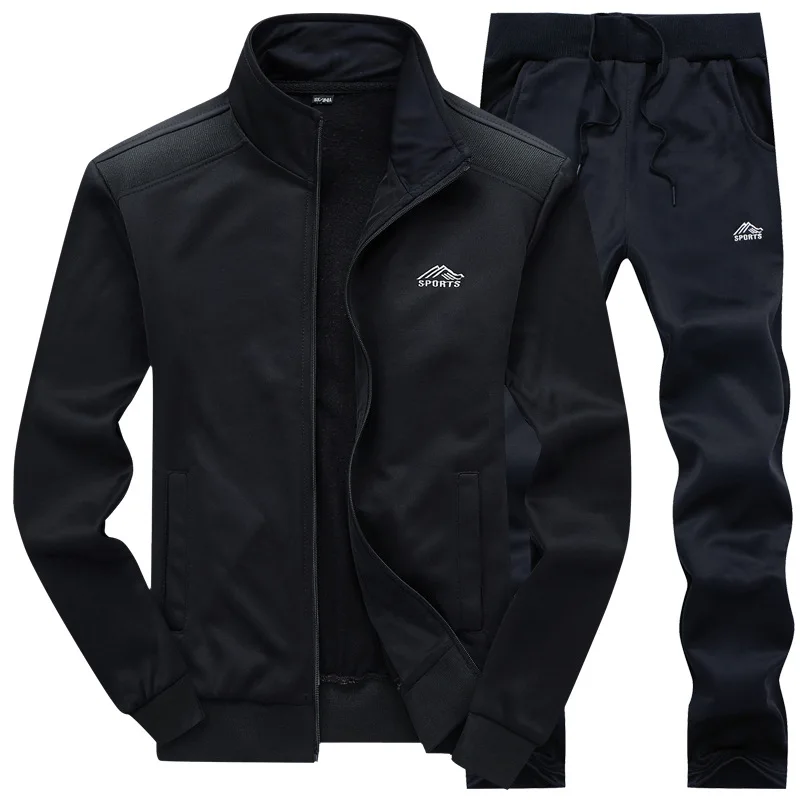 Мужской комплект для спорта, повседневная черная флисовая толстовка и брюки из полиэстера, спортивная одежда, весна 2019