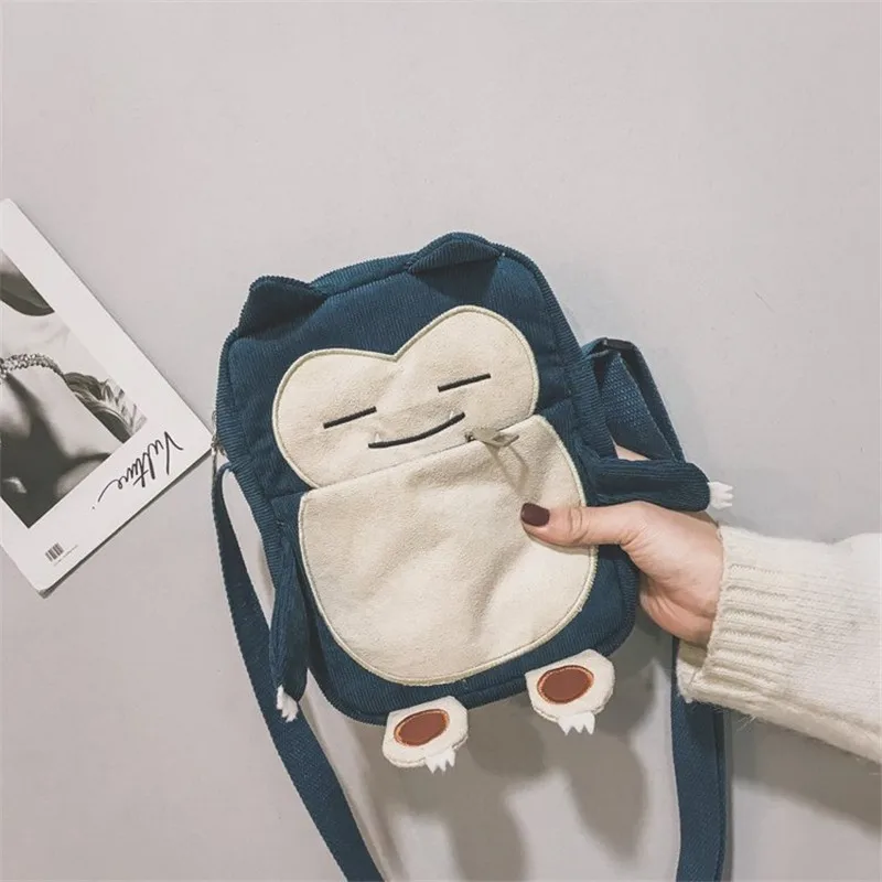 New Cute Cartoon Pokemon Pocket Monster Snorlax Corduroy Messenger Bag Embroidery Small Phone Purse Bag Toy Handbag Gift