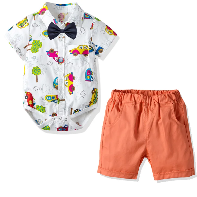 

Summer Baby Clothing Sets Cotton 3 Piece Kids Suits Infant Boy Clothes Car Tree Printed Bodysuits Romper+Bow Tie+Shorts