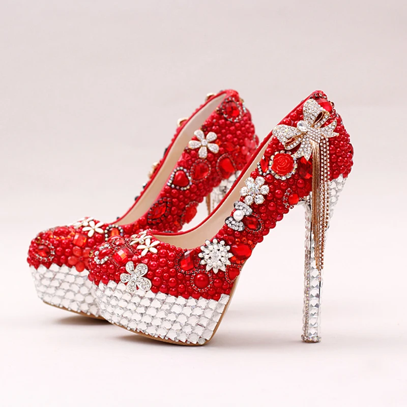 

Red Color Gorgeous Pearl Bridal Shoes Rhinestone Bow Tassel Wedding Dress Shoes Women Party Prom High Heels Lady Valentine Pumps