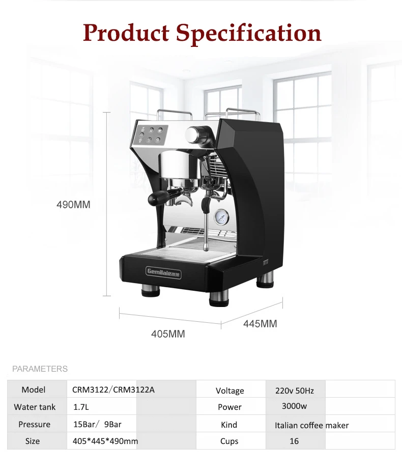 Коммерческая итальянская кофе-машина Полуавтоматическая эспрессо кофеварка 3000 Вт 9Bar/15Bar молокоотсос Кофеварка CRM3122A
