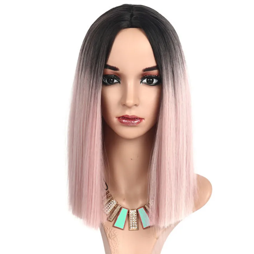 

Straight Synthetic Wig Ombre Pink Black Medium Lady Hairpieces for White/Black Women Middle PartToupee High Temperature Fiber