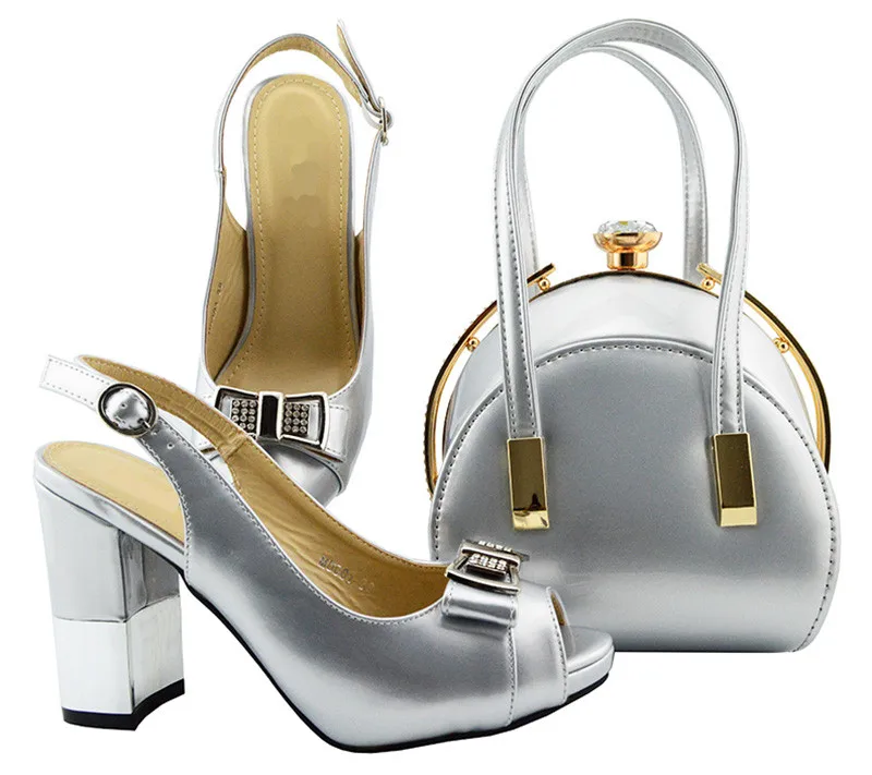 

New fashion silver knot women shoes match bag set with rhinestone african shoes and handbag for dress MD001,heel 9.5CM