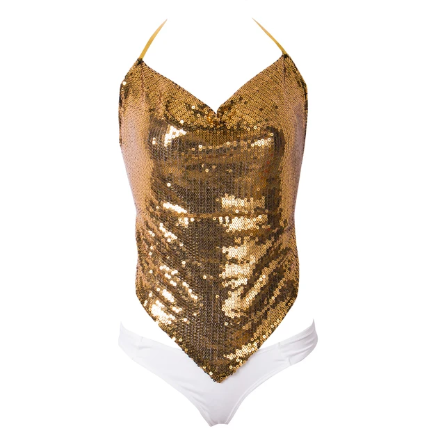 2017 Hot Sequin V neck Halter Bra Swimwear Women Gold Silver Sequined