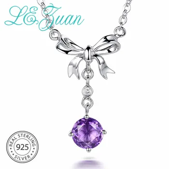 

L&zuan 925 Sterling Silver Natural 1.12ct Amethyst Purple Stone Round Necklace & Pendant For Woman With Silver Chain