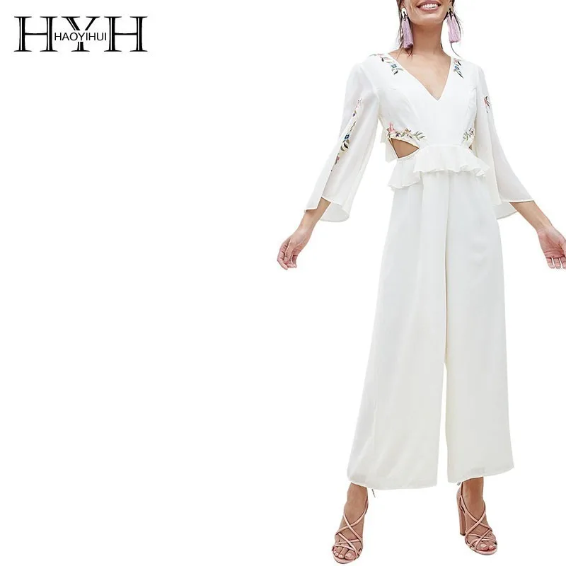 

HYH Haoyihui Femme Summer Simple Sexy V-Neck Backless Hollow Out Ruffles Embroidery Loose Wide Leg Elegant White Jumpsuits