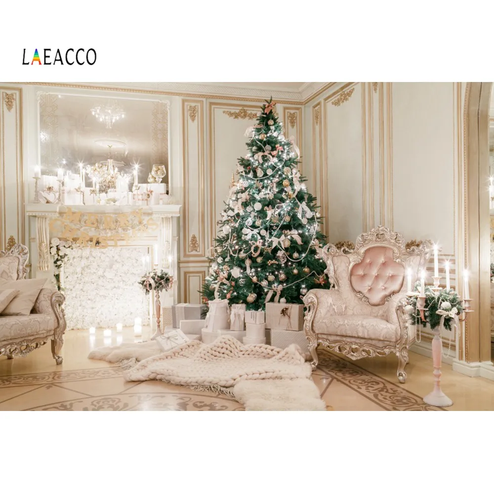 

Laeacco Christmas Tree Royal Luxurious Chic Room Fireplace Sofa Flower Gift Baby Photo Backdrop Photocall Photography Background