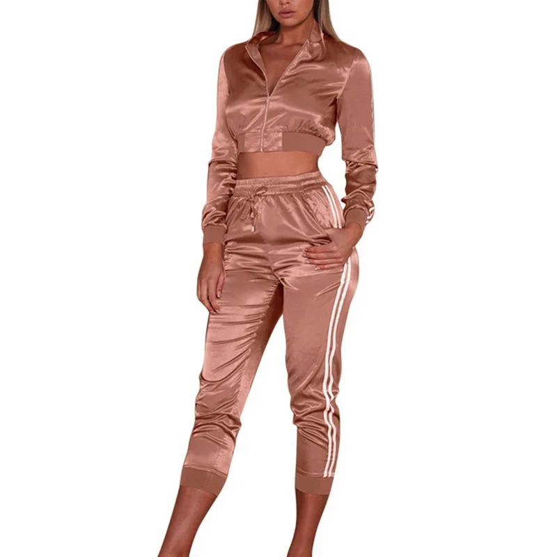 

LOOZYKIT Women's Solid Sports Striped Cropped Zipper Sets 2019 2 Piece Women Suits Zipper Solid Full Crop Top+Pants Set Autumn