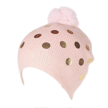 

Toddler Baby Boys Girls Solid Color Knited Woolen Hat Headgear Hat Hot Stamping Polka Dot Plush Ball Wool Knit Cap 6M-3T A20