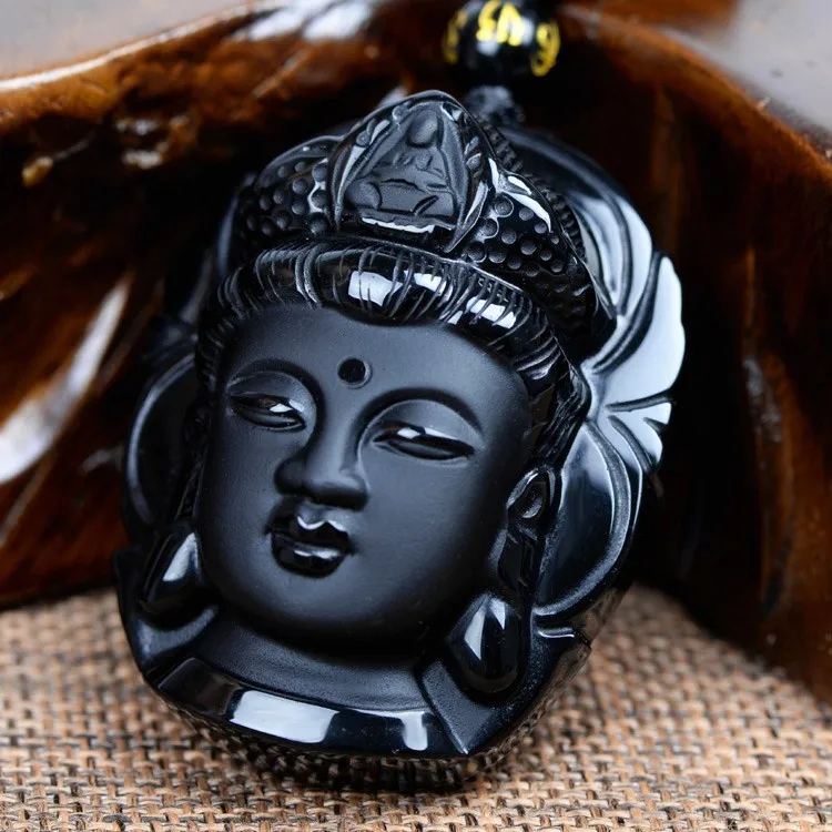 

Special Offer New Solitaire Trendy Fairy For Buddha Guanyin Head Obsidian Pendant Amulet Necklace For Bead Chain