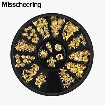 

1 Box Gold Ocean Theme Metal Studs Sea Starfish Shell Turtle Slice Flakes 3d Nail Art Decoration In Wheel DIY UV Manicure Tools