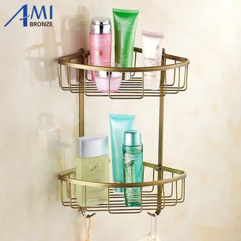 

Wall Mounted Antique Brass Finish Fashion Double Layer Bathroom Angle Basket Racks Shelf