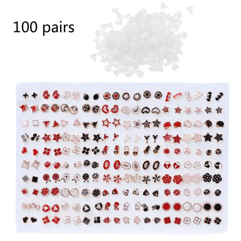 100 Pairs Assorted Styles Polymer Clay Hypoallergenic Stud Earrings Lot for Kids - Metal Color: 1