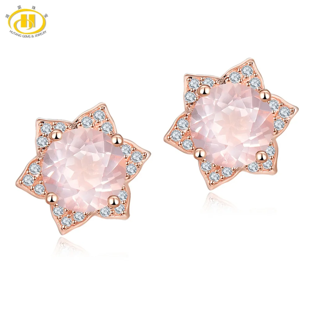 

Hutang Stone Jewelry Natural Gemstone Rose Quartz Solid 925 Sterling Silver Sunflower Earrings Spring Fine Fashion Jewelry Gift