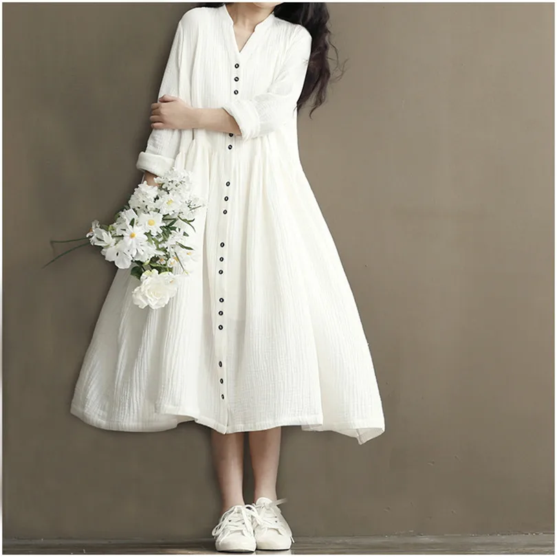 

Spring Autumn Vintage Long Dress Women Cotton Linen Dress Button Long Sleeve Dresses Solid Loose Casual Vestidos Plus Size A773