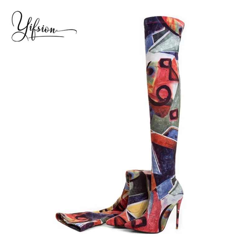 

OLOME New Fashion Stretch Fabric Women Over the Knee Boots Pointed Toe Back Slip On Women Autumn Sock Boots Shoes Woman