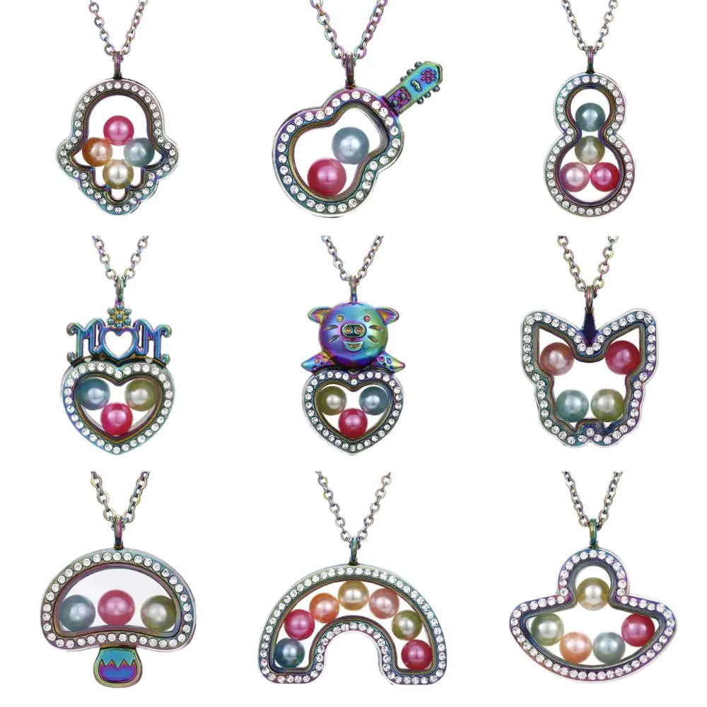 

Multicolor Rainbow Living Memory Diameter 8mm Beads Pearl Cage Magnetic Glass Floating Locket Pendant Rhinestone Necklace Gift