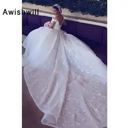 Новое поступление 2019 халат де mariée кружевные цветы длинным шлейфом Роскошные с плеча Свадебное женское платье Дубай арабское свадебное