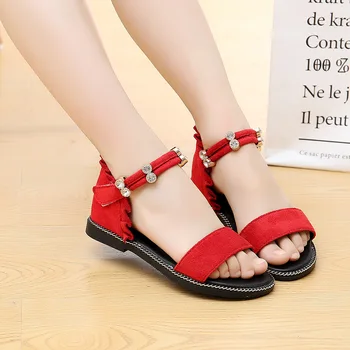 

Summer Fashion Rhinestone Gladiator Sandals Girls Shoes Flat Heels Kids Sandals Lace Children Beach Shoe Red Pink Black A848