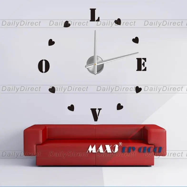 cheap Self Adhesive Modern 3D Frameless DIY Wall Clock Room Love Heart Decor 12S011