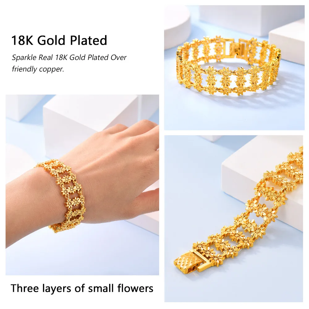 U7 Trendy Bangle s&Bracelet For Women Exquisite Gift Hollow Flower Pattern Bangle Made of Soft Copper Gold Color 19CM H1087
