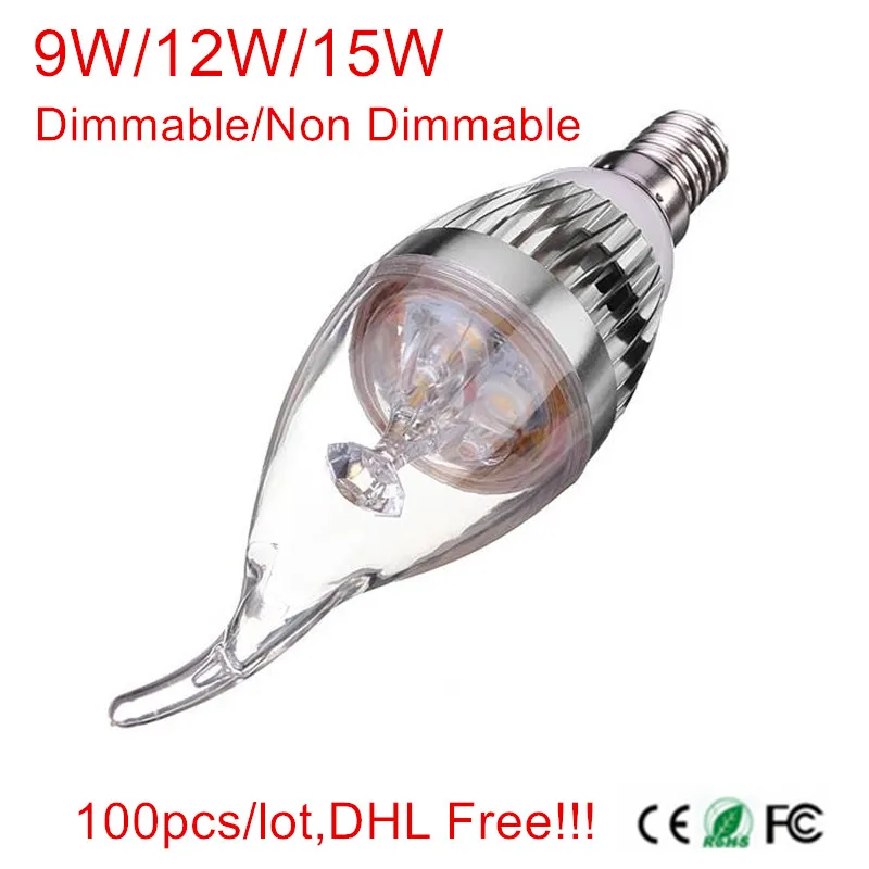 

100pcs/lot,DHL Free!!! E14 9W/12W/15W Dimmable Tail LED Candle lamp AC110V/220V led spot light indoor lighting