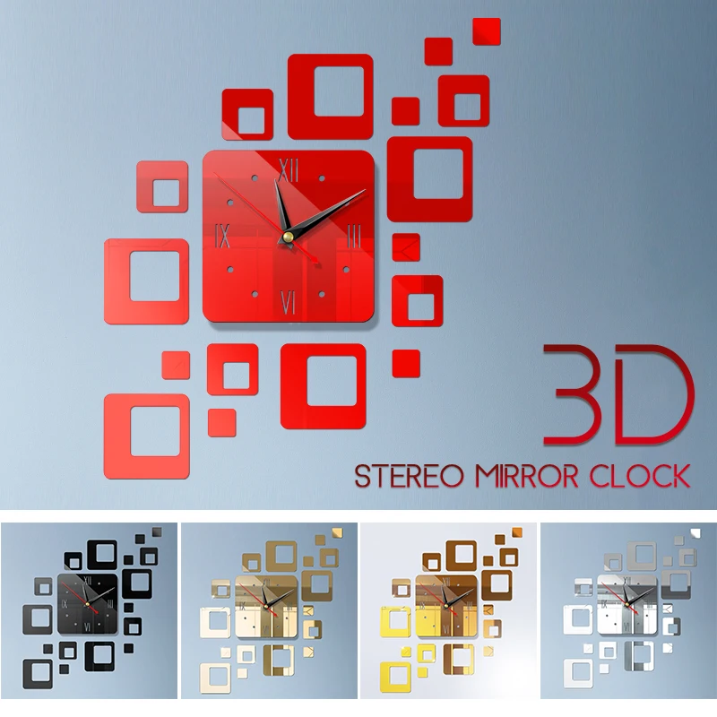 

Square Geometry Mirror Wall Clock Removable Mural Self-Adhesive Acrylic 5 Colors TV Background Bedroom Home Decor Living Room