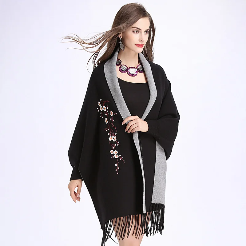 Осенний женский кардиган, Модный женский розовый вязаный свитер с кисточками, вышитый кисточкой, свадебное пончо с рукавами «летучая мышь», кардиган, пальто - Цвет: black gray