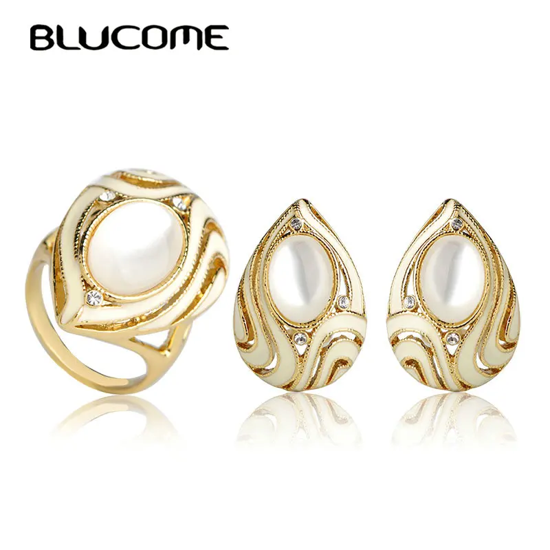 

Blucome Classic Enamel Jewelry Sets White Cat Eye Ring Earrings Set Elegant Water Drop Shape Wedding Accessories Bijoux Femme