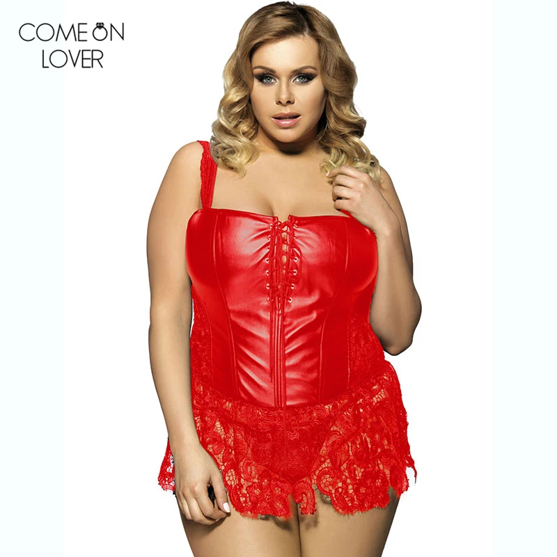 

Comeonlover Red Black Lace Latex Womens Underwear Straps See Through Plus Size Lingerie AT2227 6XL Faux Leather Corset Steampunk