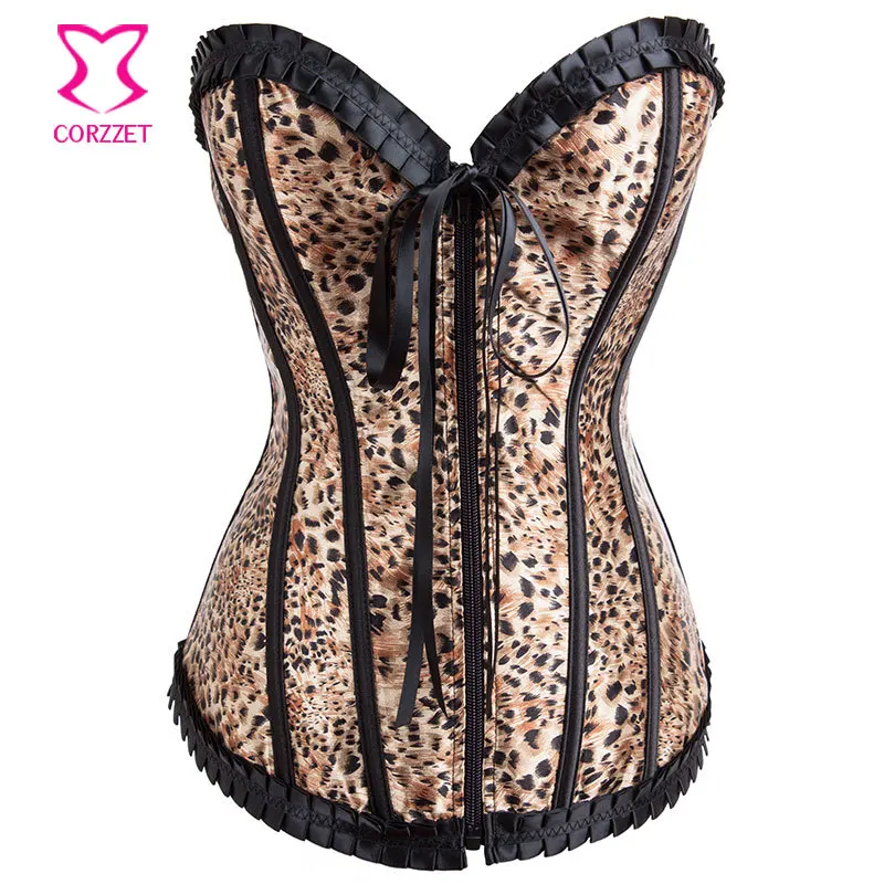 

New Sexy Satin Overbust Zipper Leopard Corset Women Burlesque Bustier Top Strapless Boning Corpete Fashion Corselet Shaper