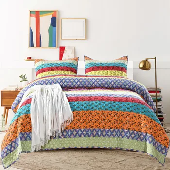 

Quality Stripe Patchwork Bedspread Quilt Set 3PCS Quilted Bedding Thick Cotton Quilts Bed Covers Shams Queen Size Coverlet Sets