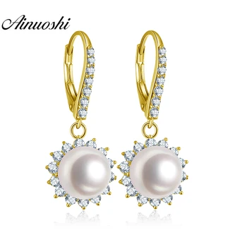

AINUOSHI 14K Solid Yellow Gold Drop Earring White Pink Purple Freshwater Pearls Drop Earring Click Back Earring Women Jewelry